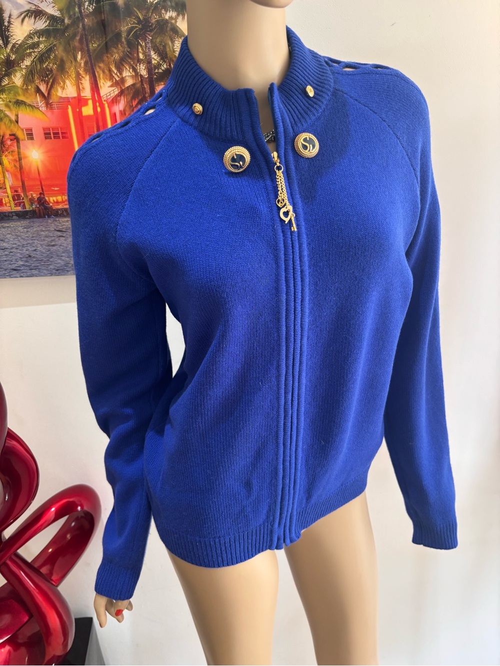 Royal Blue Zip Wome Jacket Gold 100% cashmere sweater cardigan M